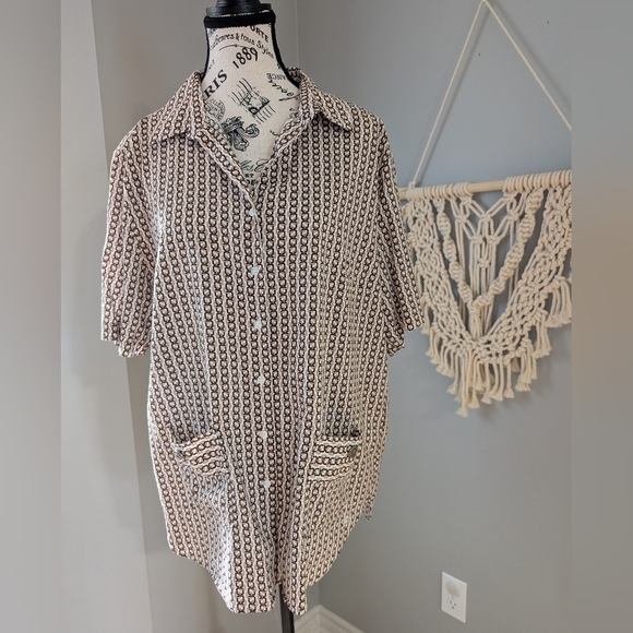 Olsen Button Front Pocket Top Collared Shirt Sleeve Fits Med/Large Brown Cream - Picture 2 of 8